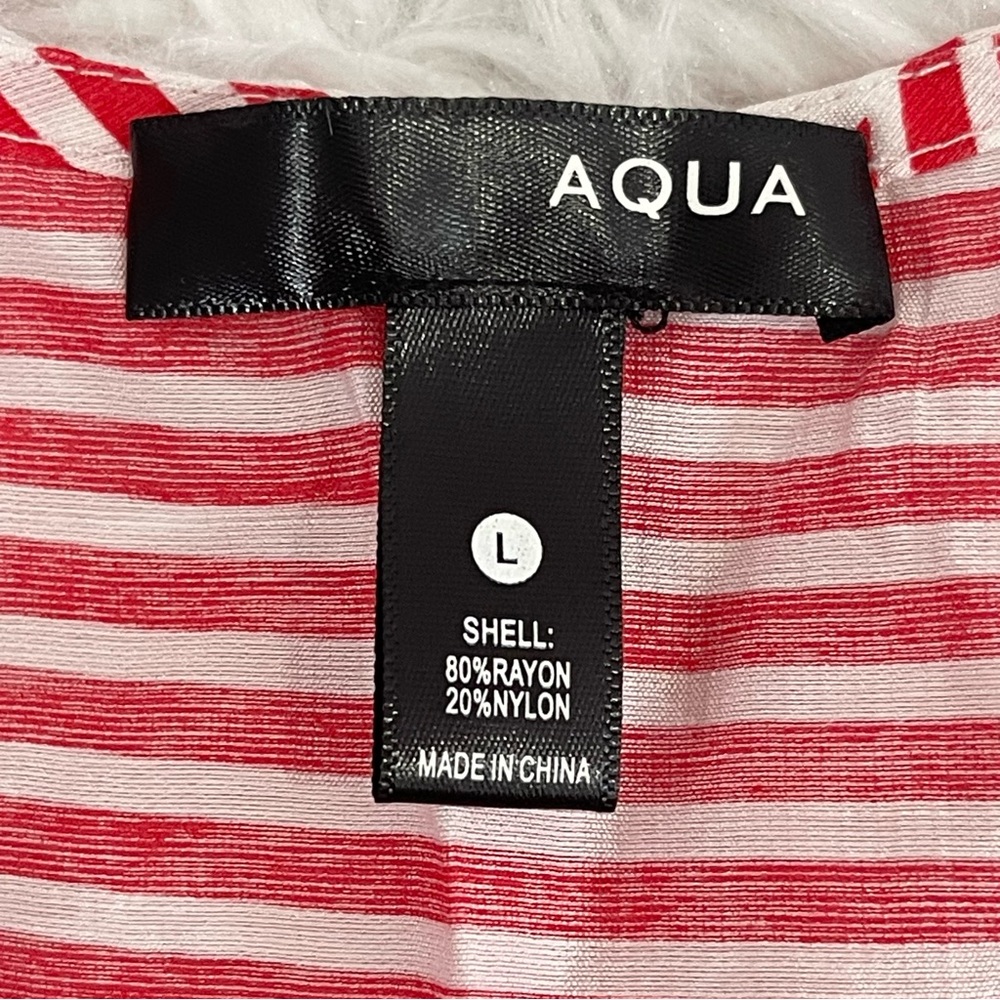 AQUA Women’s Mini Dress Size Large Red White Striped Print V Neck Ruffle Hem - Picture 4 of 7